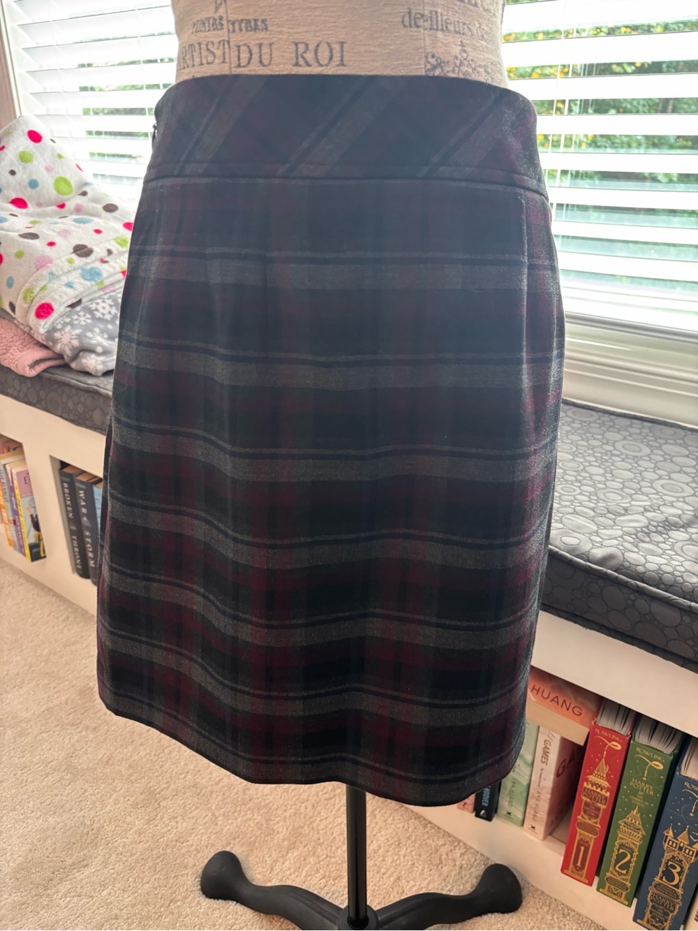 LOFT Black and Burgundy Plaid Mini Skirt